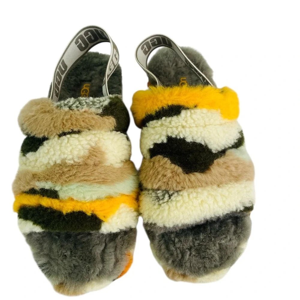 UGG Fluff Yeah Slide Cali Collage Olive Faux Fur Sandals Size 8